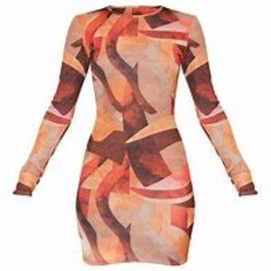 Pretty Little Thing | Geometric Long Sleeve Short Dress Orange, Size 0